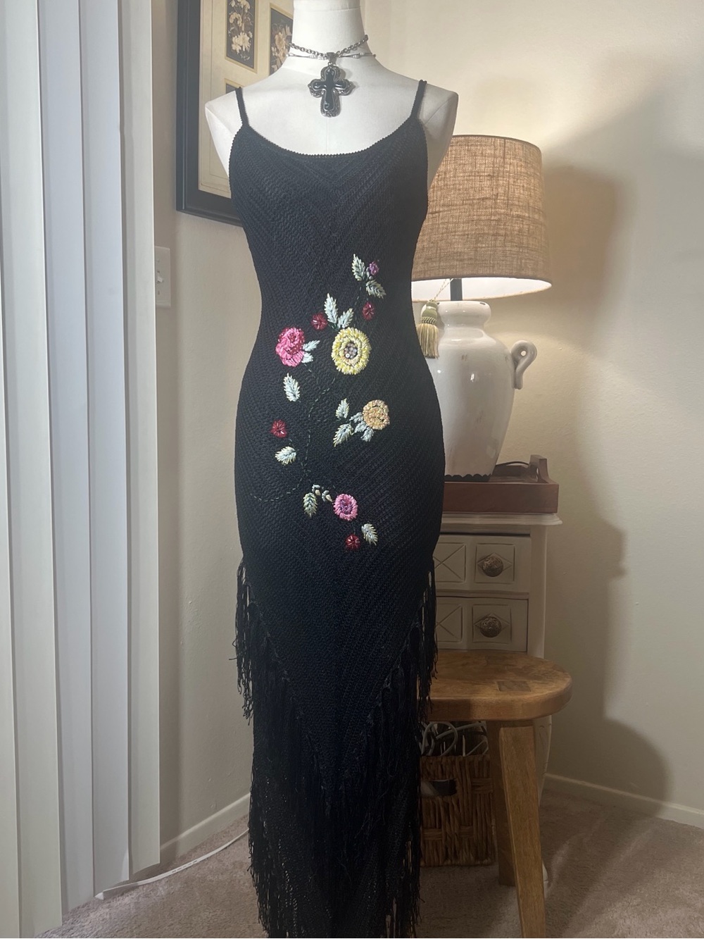 Sue Wong Black Floral Embroidered Fringe Slip Dress